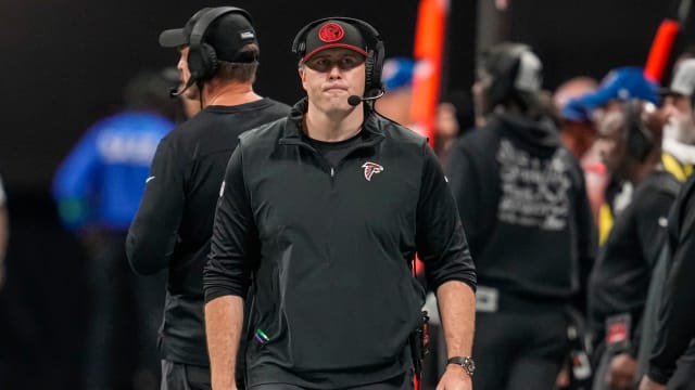 Atlanta Falcons head coach Arthur Smith on the sideline during the game against the Indianapolis Colts during the second half at Mercedes-Benz Stadium.